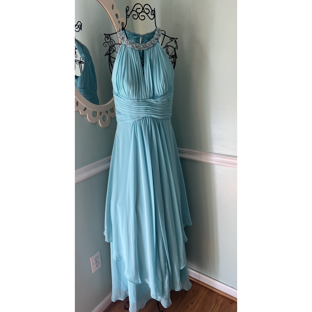 $240 ELIZA J 4 Dress Embellished Tiered Chiffon Halter‎ Gown formal AQUA Prom